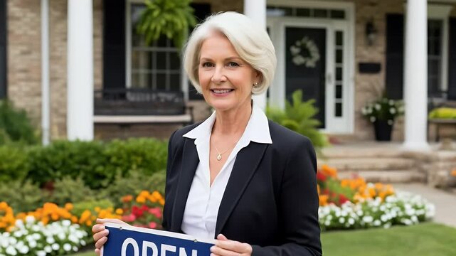 Smiling Senior Real Estate Agent Holding Open House Sign in Front of a Beautiful Suburban Home