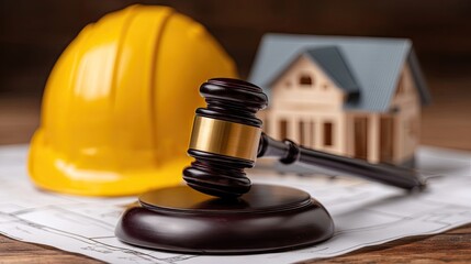 Wooden gavel, blueprints, and a model house sit on a table.