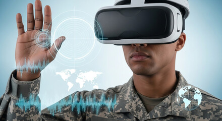 Soldier wearing VR headset uses holographic interfaces for military operations and simulations
