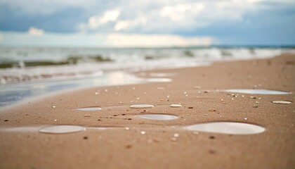 Calm Beach Scene with Wet Sand and Gentle Waves Under Cloudy Sky