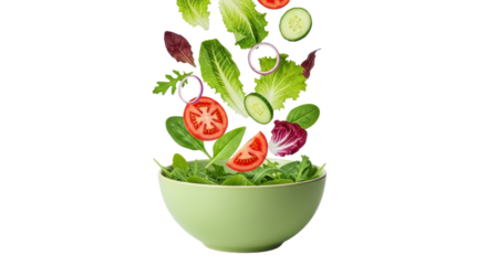 Fresh salad ingredients falling into a green bowl isolated PNG with Transparent Background
