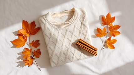 Flat lay composition with knitted sweater and autumn leaves on white background