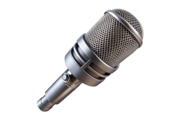 A professional silver vintage microphone, isolated on a transparent background