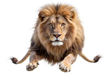 A powerful male lion with a majestic mane, crouching and looking forward, isolated on a transparent background