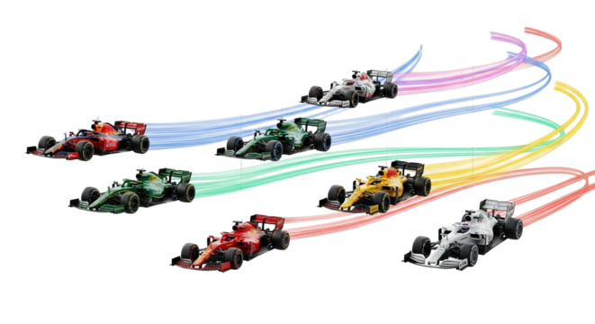 Formula One Race Cars Speeding With Trail Lines on Black