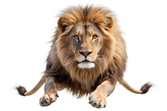 A powerful male lion with a majestic mane, crouching and looking forward, isolated on a transparent background - Powered by Adobe