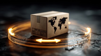 Global logistics and worldwide delivery concept with cardboard box and circuit board technology