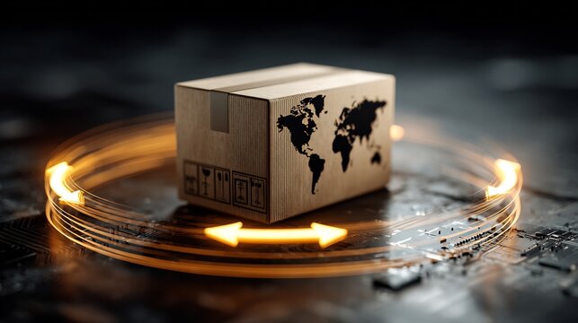 Global logistics and worldwide delivery concept with cardboard box and circuit board technology