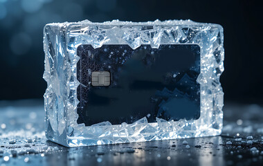 Black Credit Card Frozen Inside Transparent Ice Block, Symbolizing Frozen Account, Credit Limit Hold, and Spending Restrictions