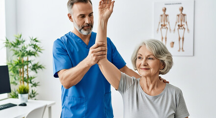 Mature woman receiving physiotherapy treatment for her arm by a male physiotherapist