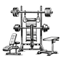 Fototapeta premium Gym equipment with weights and bench in black and white sketch style, concept of transparent background 