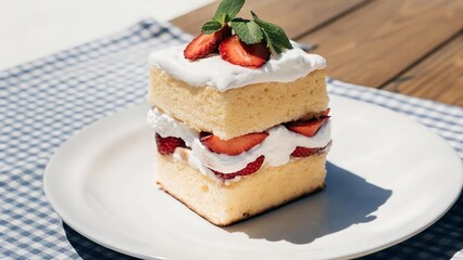 A delicious square strawberry shortcake dessert, presented on a white plate.