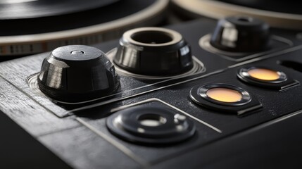 Close-Up of Vintage Audio Equipment Control Buttons and Dials