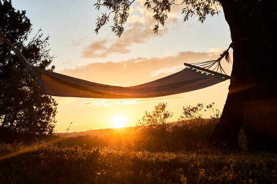 Amaca tra due alberi al tramonto.