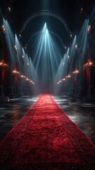 Elegant red carpet illuminated by dramatic lighting in an opulent grand hall during a nighttime event