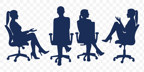 Silhouettes of business people sitting, men and women sit on armchair, office chair with laptop, tablet, front, side view. Vector illustration isolated black on white background. Icons set, bundle