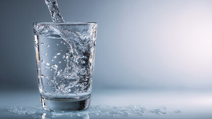 Water being poured into a glass. A clean and refreshing concept symbolizing hydration, purity, and healthy living. Suitable for beverage, lifestyle, or wellness-related visuals.