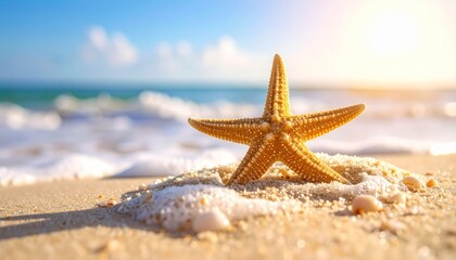 Starfish on Sandy Beach with Gentle Waves Under Sunny Sky
