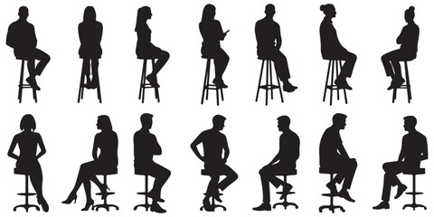 set of sitting people man woman silhouette vector on white background 