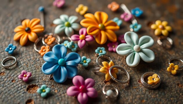 Close-up of whimsical flower hair clips, pins & rings scattered on a textured surface,   pretty,   nature