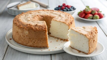 A delicious angel food cake with a slice, berries, and other desserts.