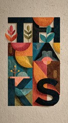 Colorful thank you card design featuring abstract shapes and plants on textured background