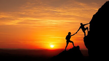 Silhouette of two people helping each other climb a mountain at sunset.