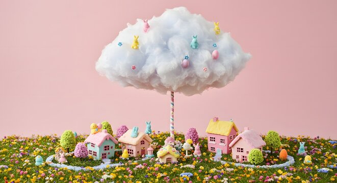 Whimsical Easter Village: Cotton Candy Cloud, Miniature Houses, Bunny Rabbits.