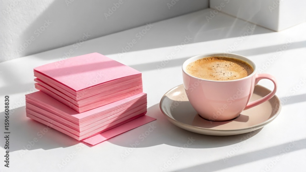 Poster a pink desk setup featuring a keyboard notebook pen and small journal in soft light aesthetic style