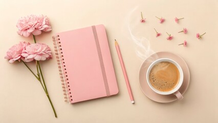 A pink planner with a cup of coffee and a laptop creating a cozy workspace aesthetic on a white desk