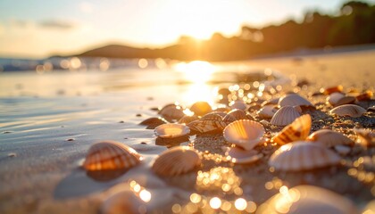 Obraz premium Vibrant Seashells on Shore Glowing in Soft Sunset Light