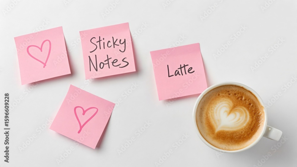 Poster overhead view of a pink notebook with a pen and coffee mug on a white surface in a flat lay style