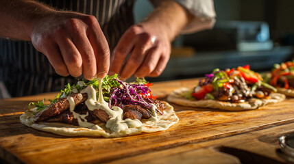 Preparing kebab by sprinkling fresh fillings onto flatbread. Delicious street food moment, perfect for culinary, cooking process, and traditional Middle Eastern or Mediterranean cuisine themes.