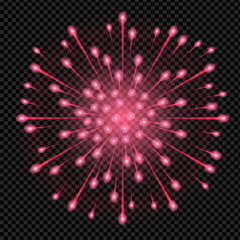 Red fireworks on transparent background. Shining festive explosion for holiday, event, New Year or party. Vector illustration.