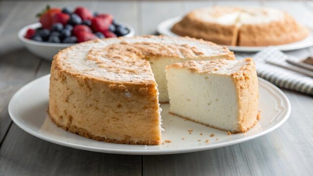 A fluffy angel food cake, sliced and served on a white plate, alongside fresh berries.
