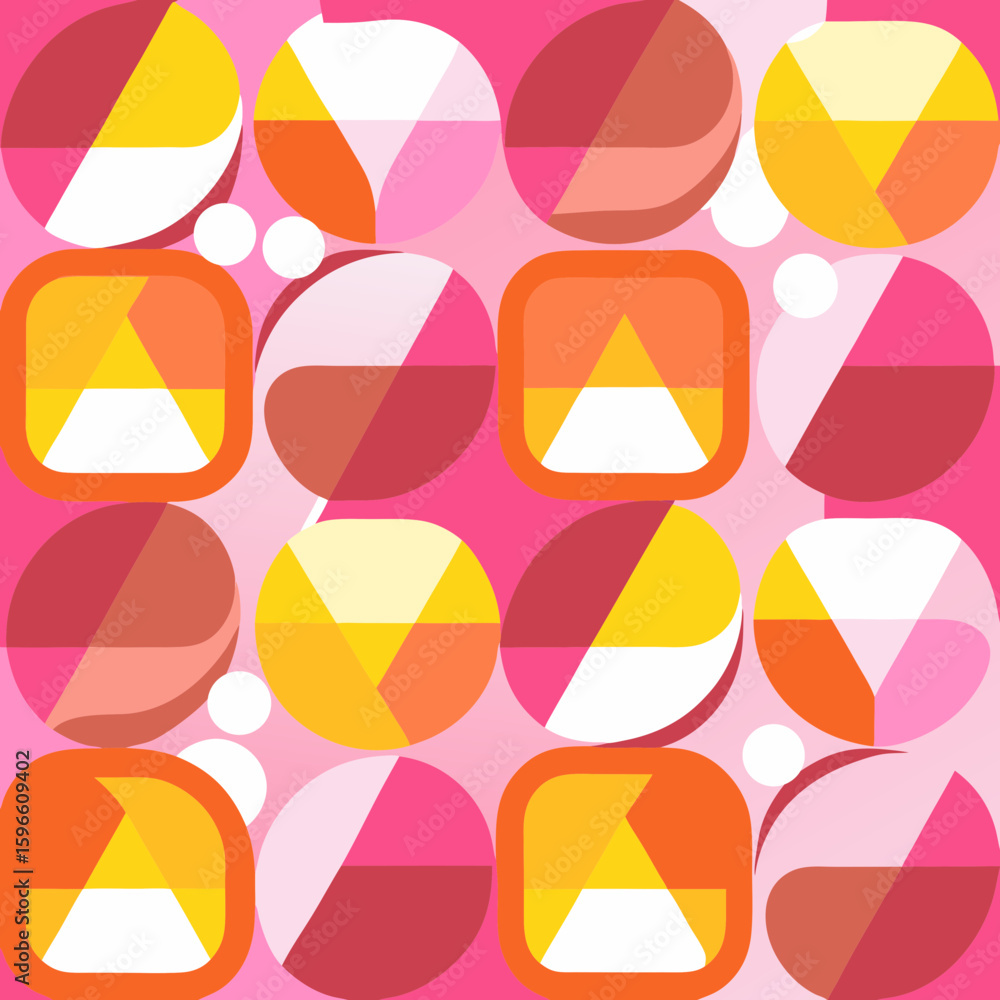 Poster geometric shapes pattern design with circles squares triangles in pink orange and yellow abstract mo