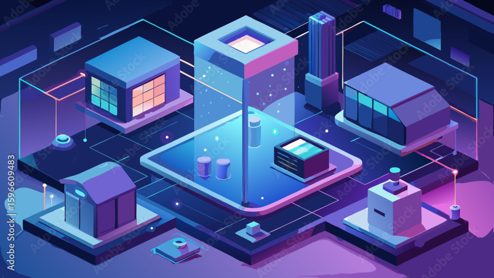Poster isometric technology network data center cloud computing futuristic architecture digital landscape s