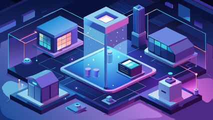 Fototapeta premium Isometric technology network data center cloud computing futuristic architecture digital landscape scene