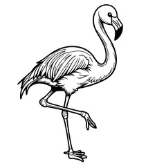 Fototapeta premium Flamingo standing on one leg – Cute coloring design for kids, black and white