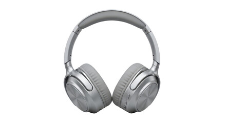 Silver wireless over-ear headphones with soft gray earcups and a metallic finish, designed for audio listening and communication, isolated. isolated PNG with Transparent Background