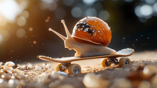 A curious snail balances on a small skateboard exploring the natural world with a sense of playful adventure