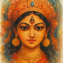 Goddess durga watercolor portrait illustration.
