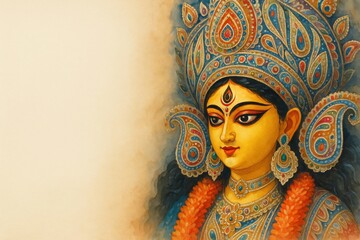 Goddess durga portrait illustration in watercolor style.