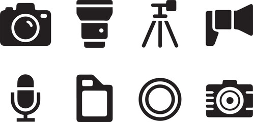 Set of Photography Equipment Icons - Camera, Lens, Tripod, Flash, Microphone, Filter, and Related Elements in Black and White