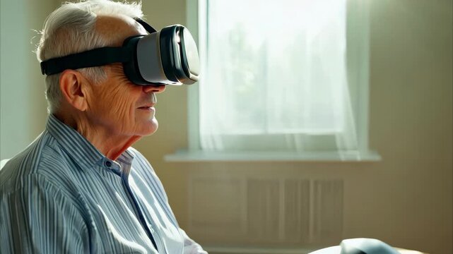 Elderly man wearing virtual reality headset, experiencing immersive technology in a bright room with natural light, showcasing the intersection of aging and modern digital innovation - Powered by Adobe