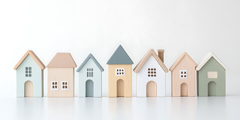 Colorful wooden miniature houses in a row against a bright background. Playful, whimsical, and charming.