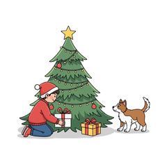 Naklejka premium A child in a Santa hat opens a gift with a dog at Christmas.