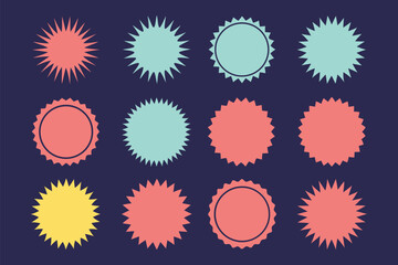 Fototapeta premium Twelve starburst circular badges in coral yellow teal on dark blue vector
