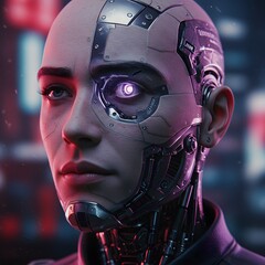 Portrait of a cyborg with mechanical facial elements and a glowing eye, with blurred city lights in the background, cyberpunk style illustration.