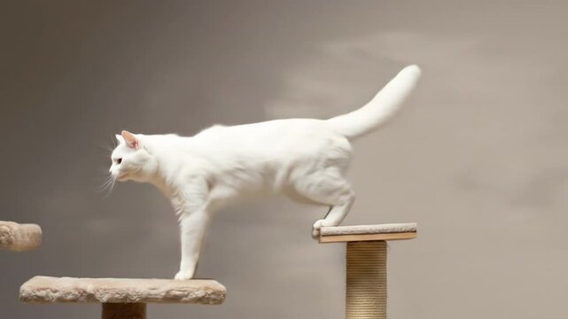 Elegant white cat jumping gracefully between cat towers in slow motion against neutral background